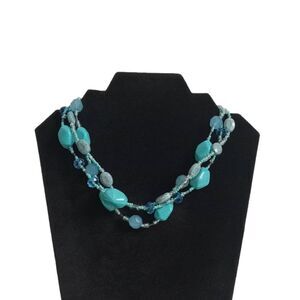Chunky Turquoise Blue Assorted Beads Triple Strand Statement Fashion Necklace